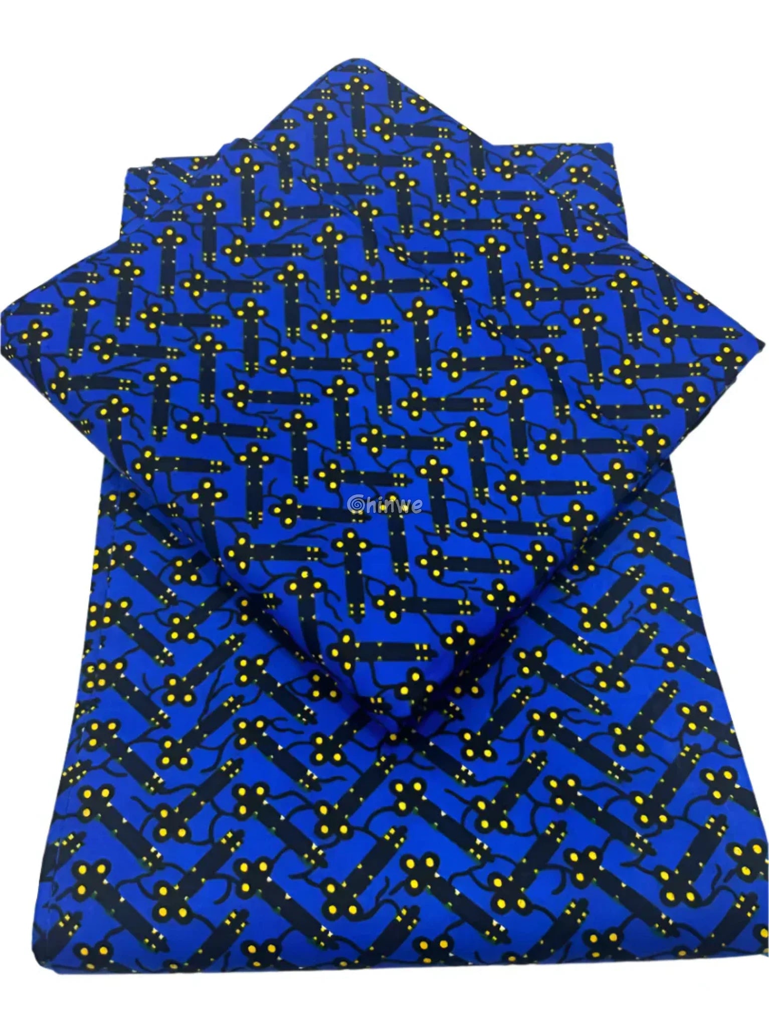 Cobalt Blue & Black Bar and Orange Dot Ankara Wax Print Fabric 6 yards cotton