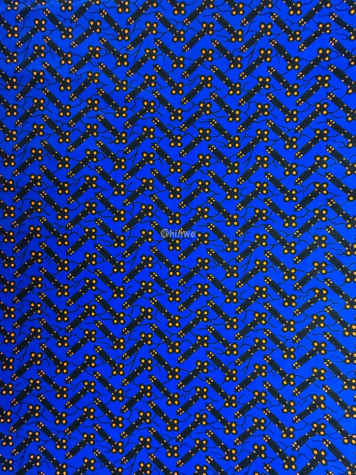 Cobalt Blue & Black Bar and Orange Dot Ankara Wax Print Fabric 6 yards cotton