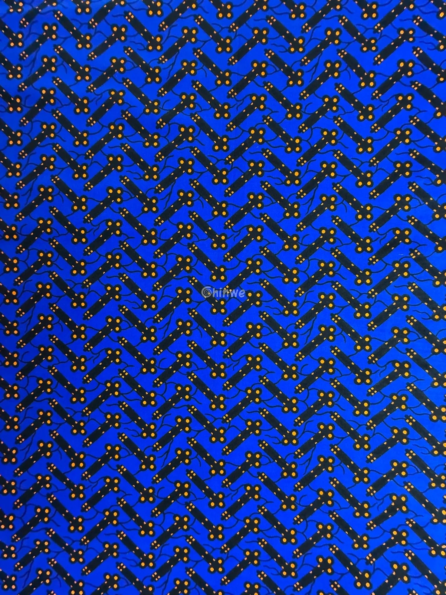 Cobalt Blue & Black Bar and Orange Dot Ankara Wax Print Fabric 6 yards cotton