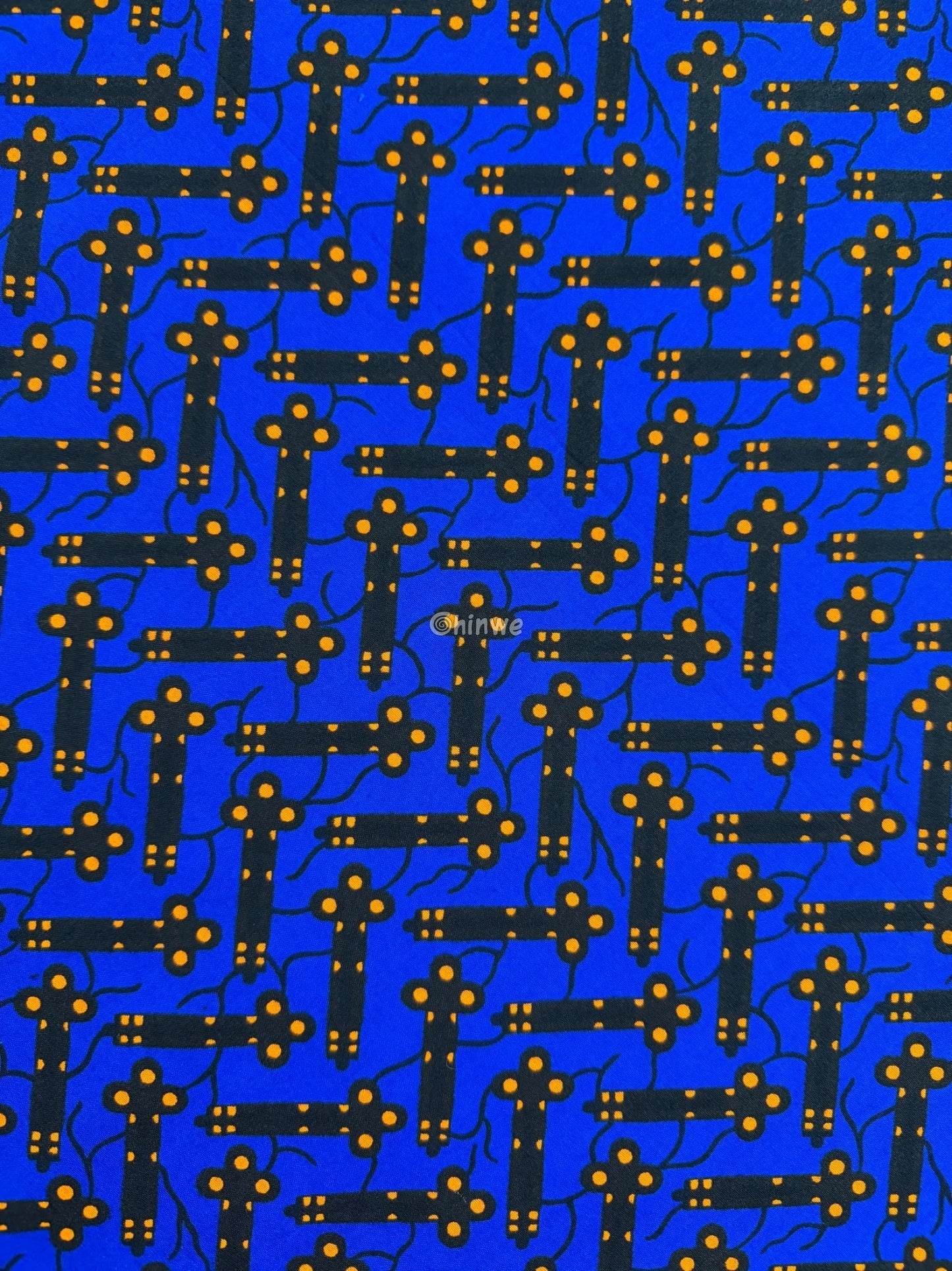 Cobalt Blue & Black Bar and Orange Dot Ankara Wax Print Fabric 6 yards cotton