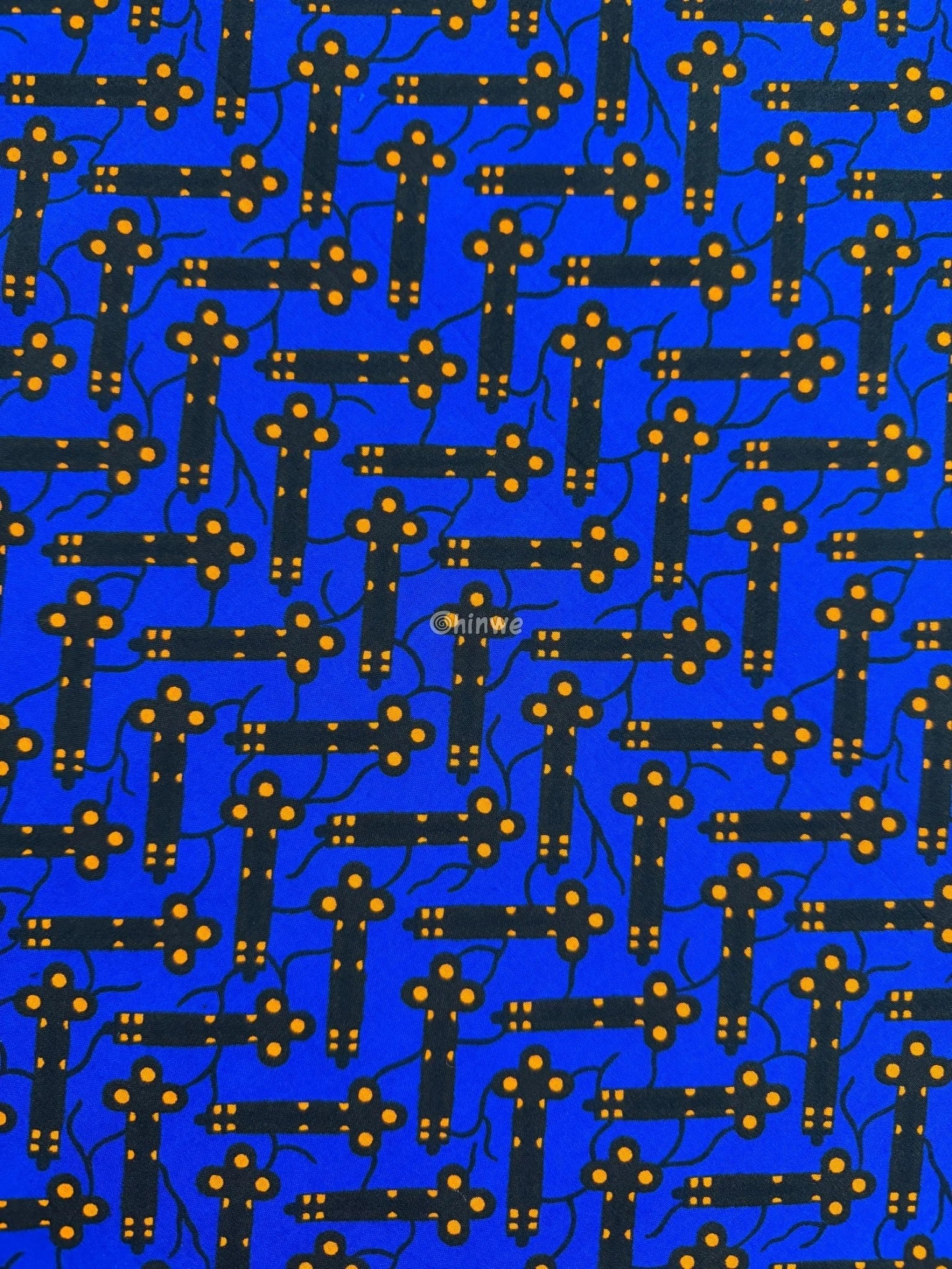 Cobalt Blue & Black Bar and Orange Dot Ankara Wax Print Fabric 6 yards cotton