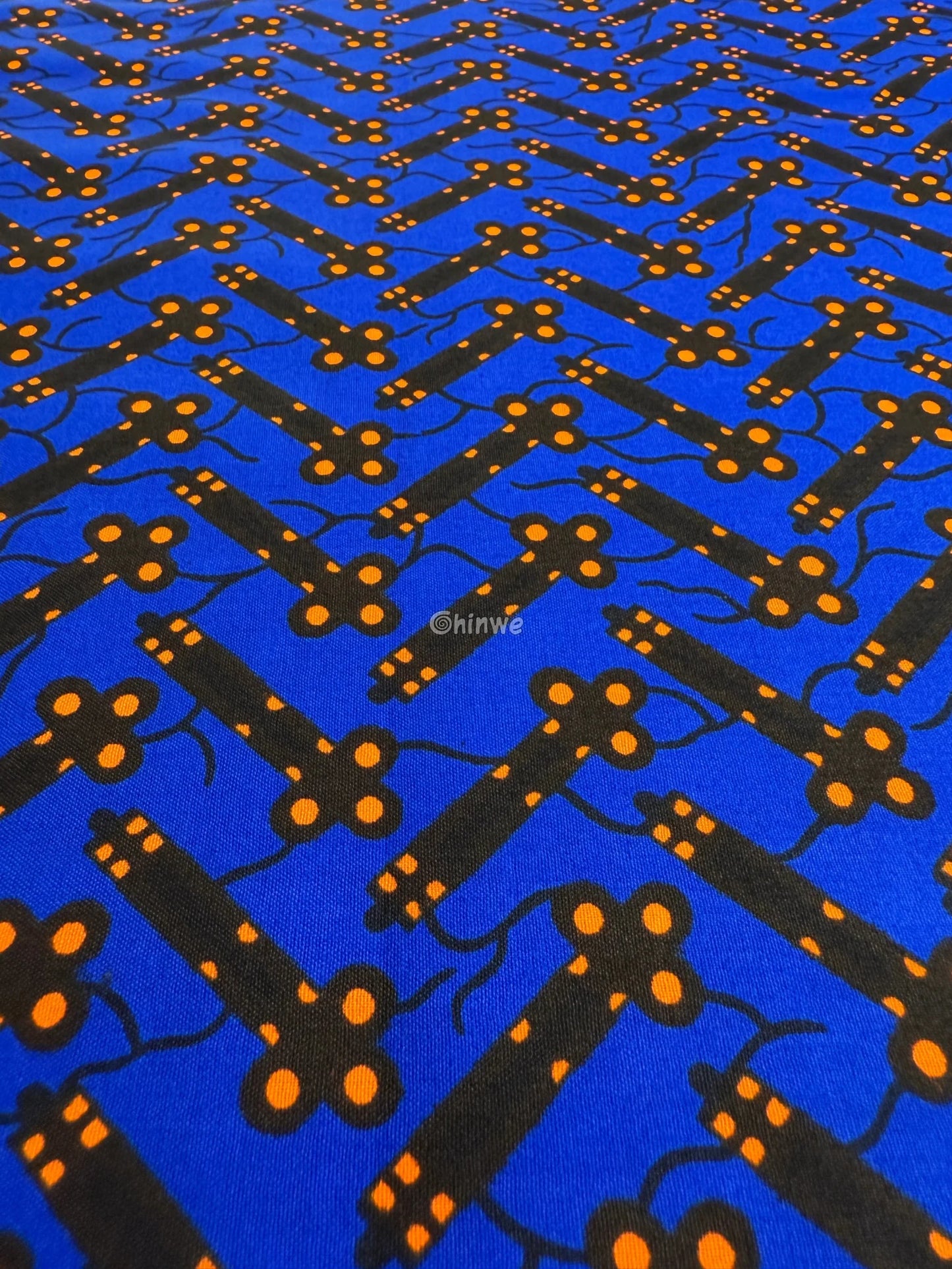 Cobalt Blue & Black Bar and Orange Dot Ankara Wax Print Fabric 6 yards cotton