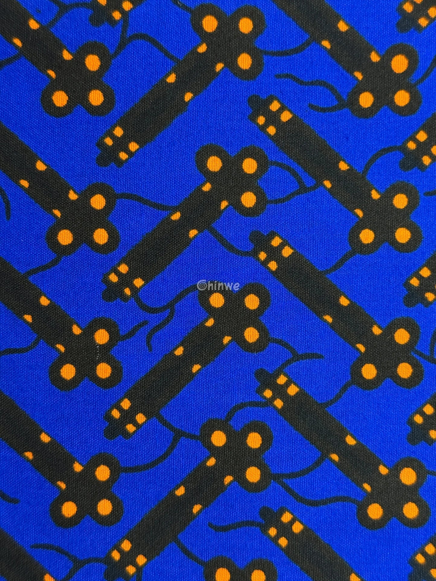 Cobalt Blue & Black Bar and Orange Dot Ankara Wax Print Fabric 6 yards cotton