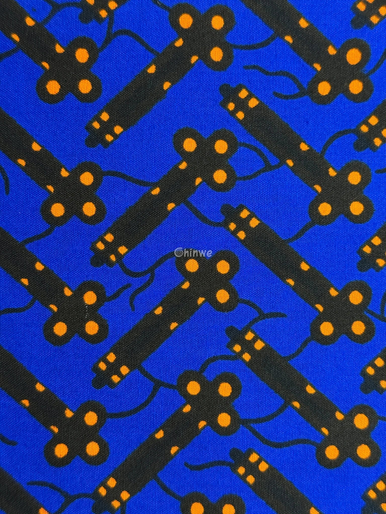 Cobalt Blue & Black Bar and Orange Dot Ankara Wax Print Fabric 6 yards cotton