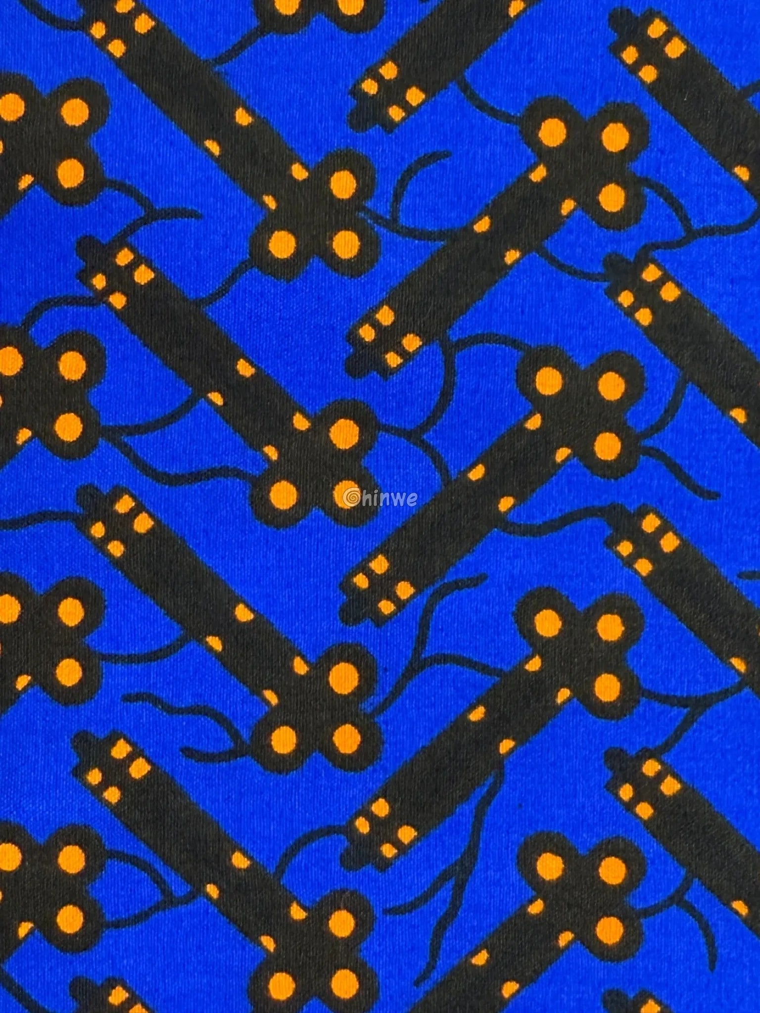 Cobalt Blue & Black Bar and Orange Dot Ankara Wax Print Fabric 6 yards cotton