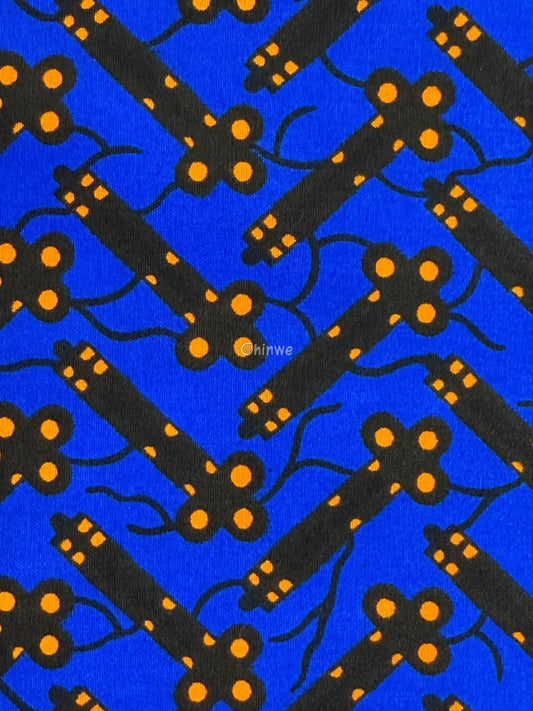 Cobalt Blue & Black Bar and Orange Dot Ankara Wax Print Fabric 6 yards cotton