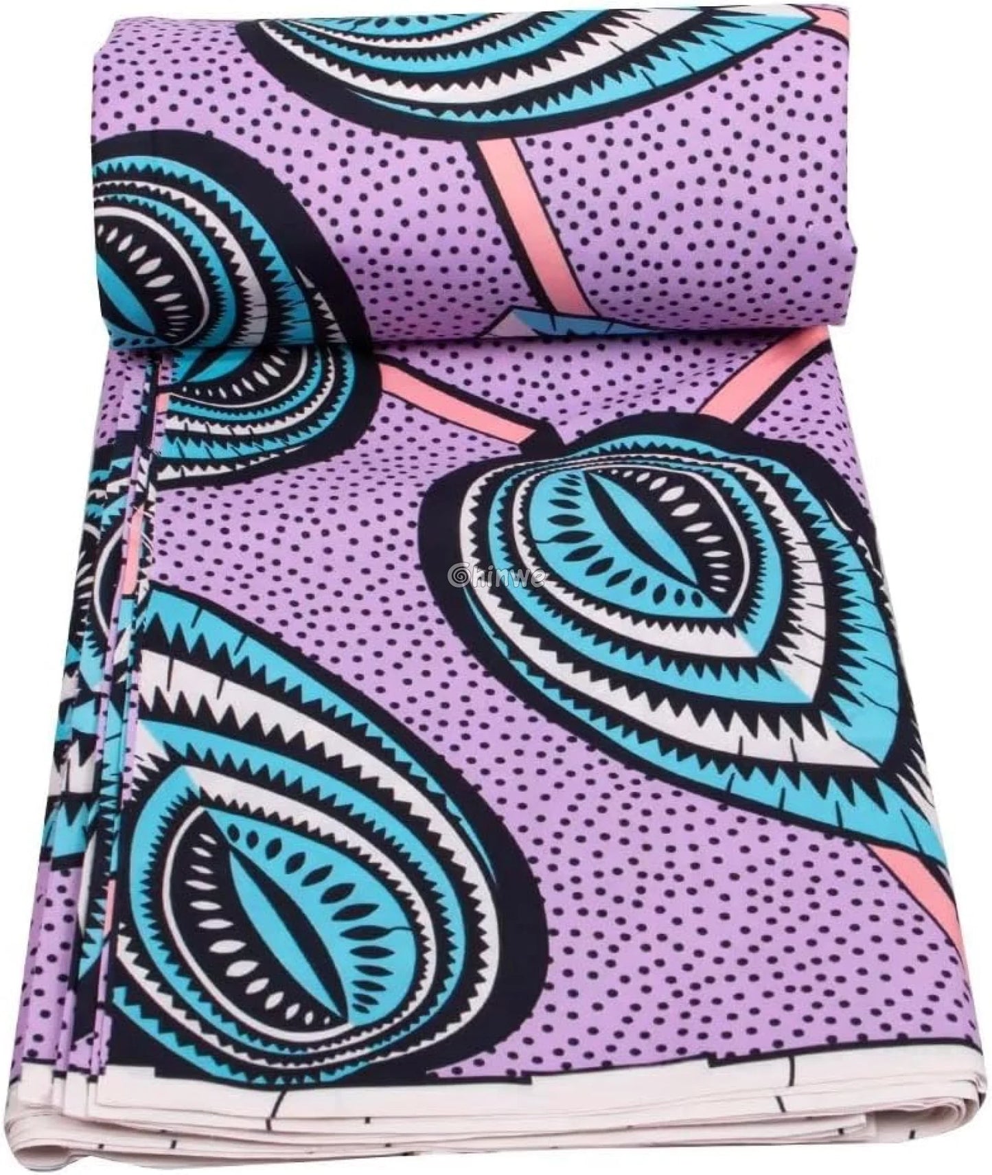 Lavender Ankara Wax Print Fabric with Bold Geometric Blue Leaf Design