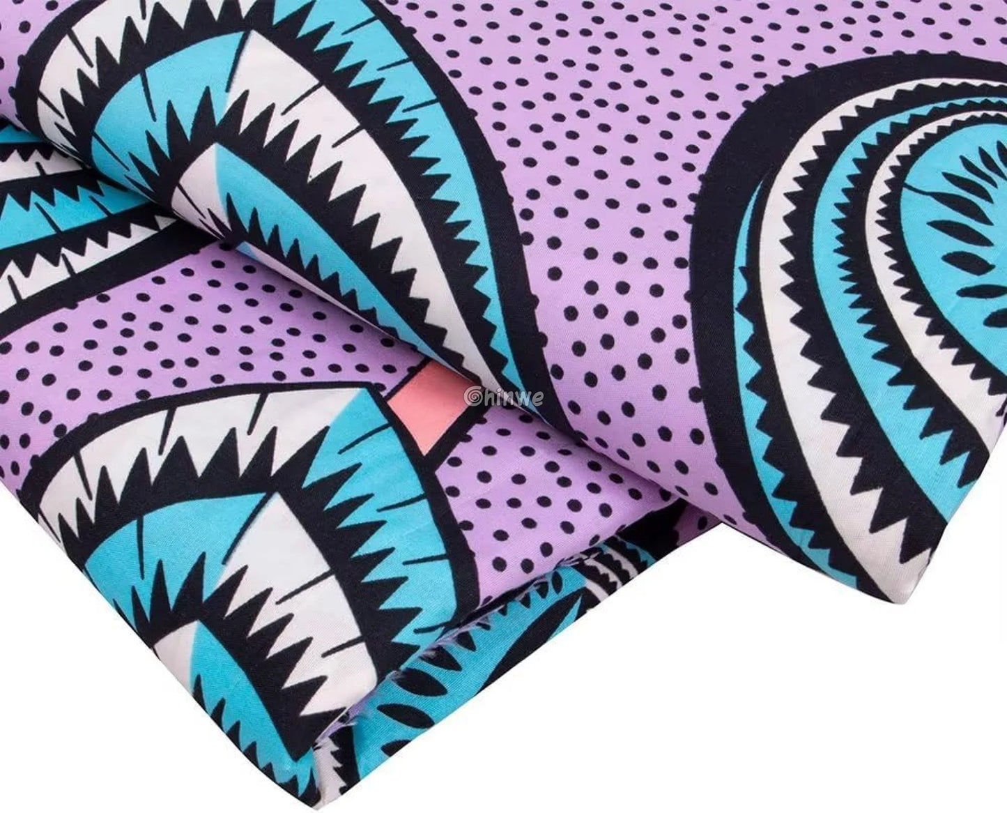 Lavender Ankara Wax Print Fabric with Bold Geometric Blue Leaf Design