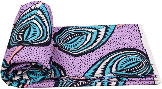 Lavender Ankara Wax Print Fabric with Bold Geometric Blue Leaf Designs