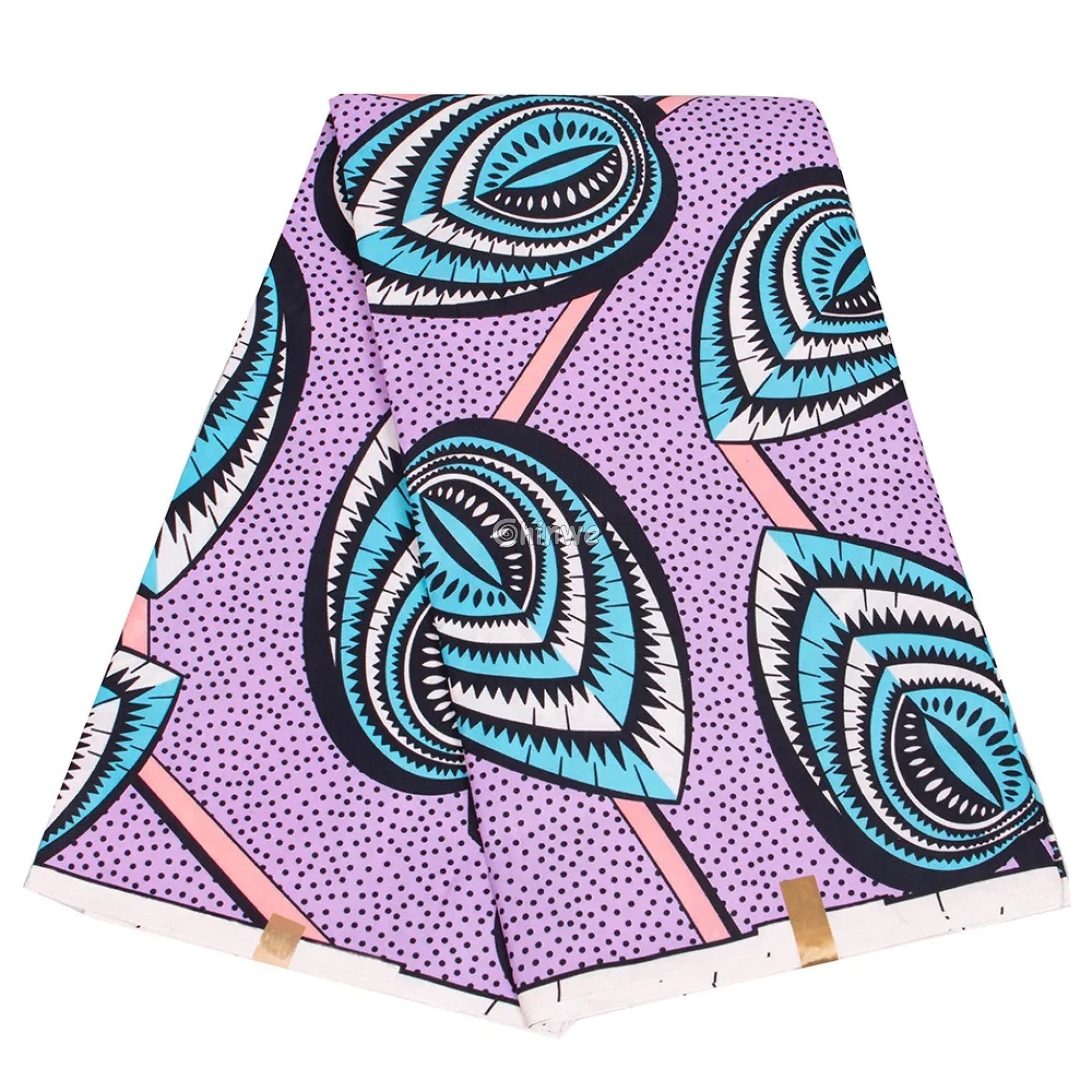 Lavender Ankara Wax Print Fabric with Bold Geometric Blue Leaf Design
