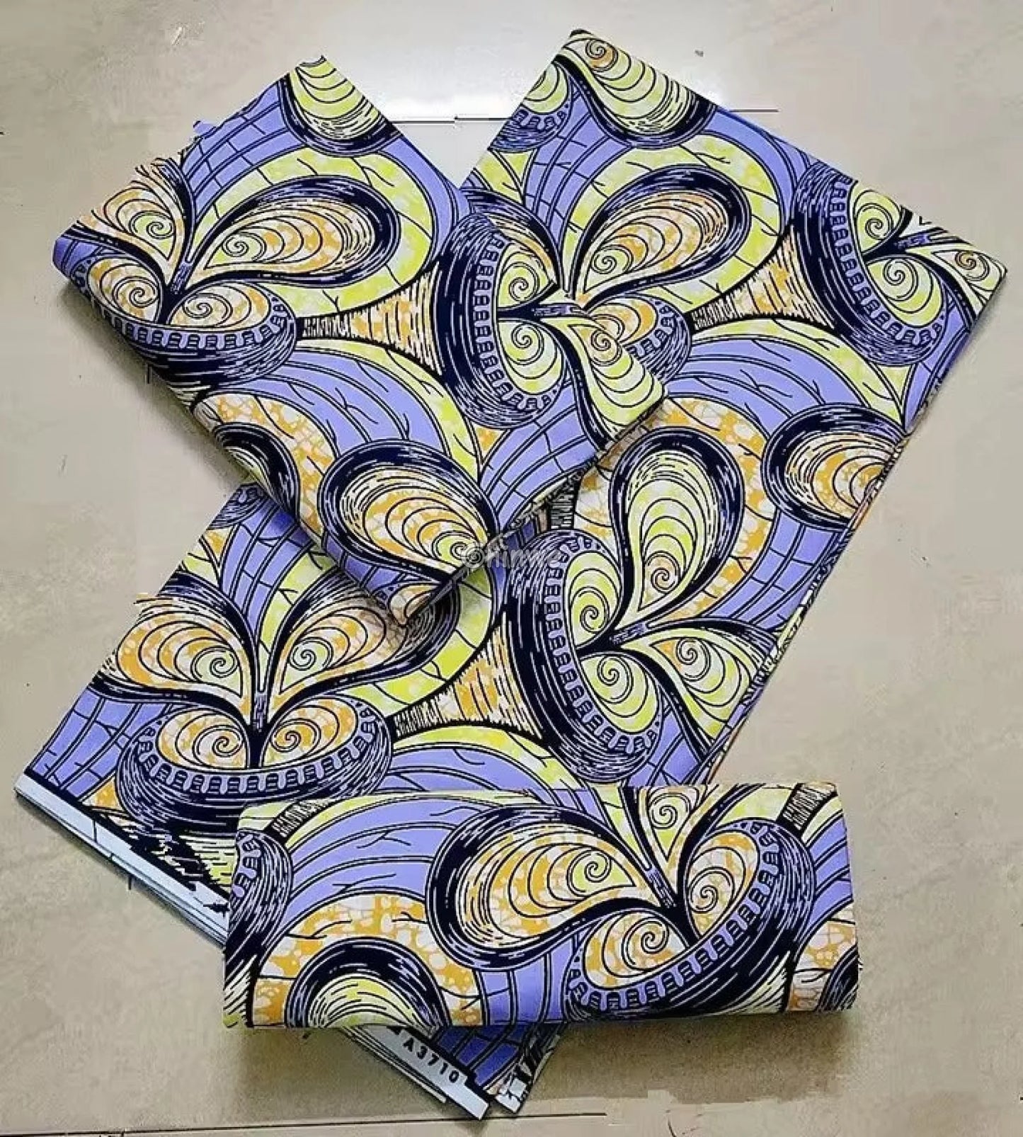 Lavender and Yellow Swirl Ankara Wax Print Fabric with Abstract Design