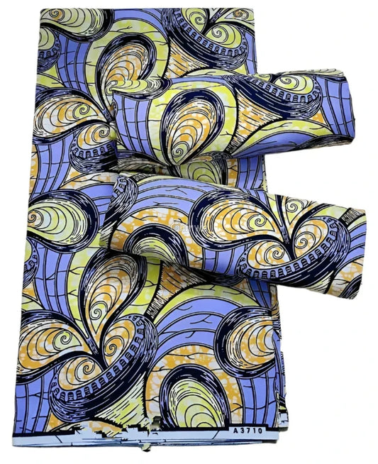 Lavender and Yellow Swirl Ankara Wax Print Fabric with Abstract Design