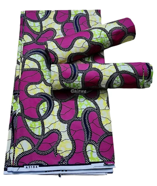 Magenta and Yellow Abstract Ankara Wax Print Fabric with Curved Line Design