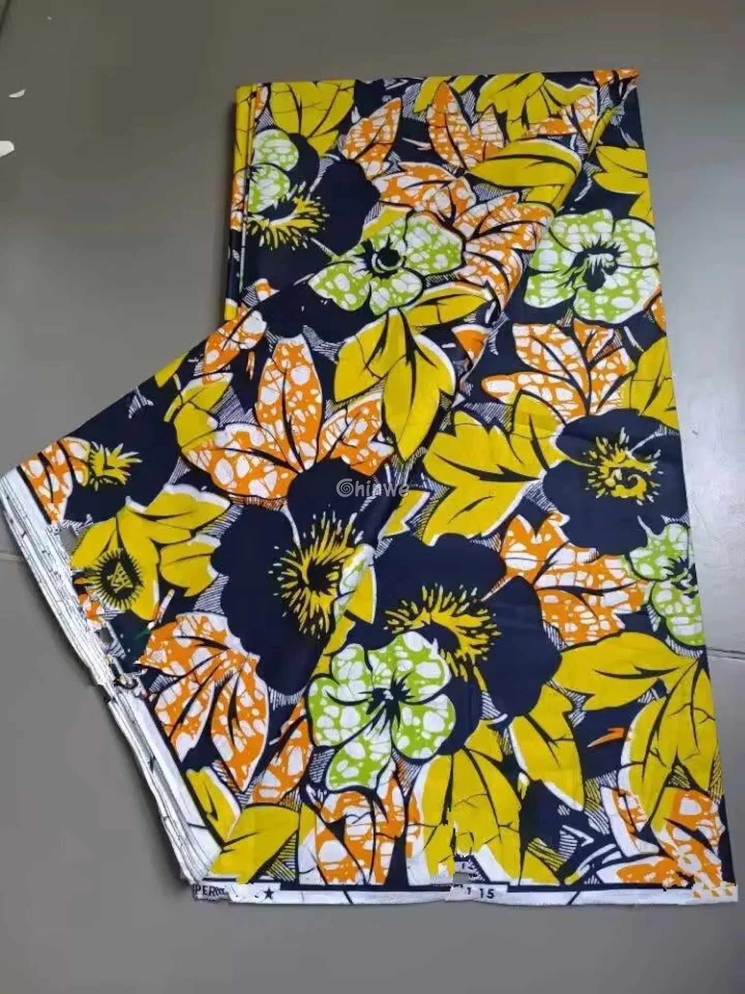 Navy Blue and Yellow Floral Ankara Wax Print Fabric Bold Leaf Design