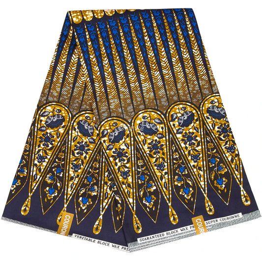 Navy and Gold Ankara Wax Print with Floral Bird Motif