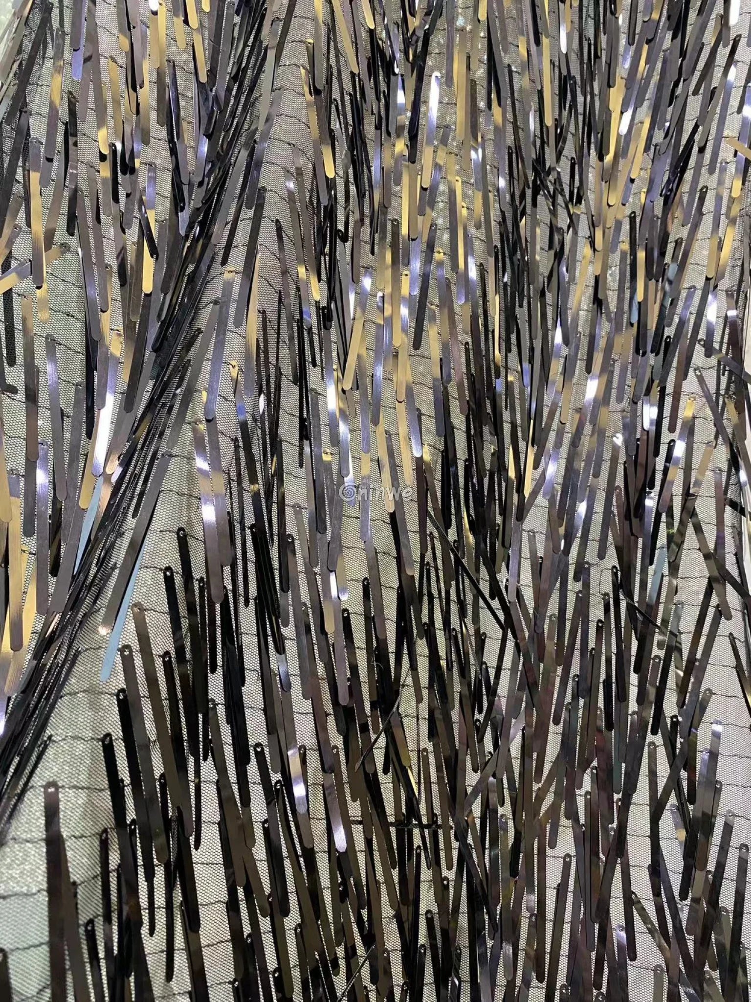 Iridescent Sequin Tinsel Fringe Fabric with Layered Shimmer Strips and Sheer Mesh Base Lace