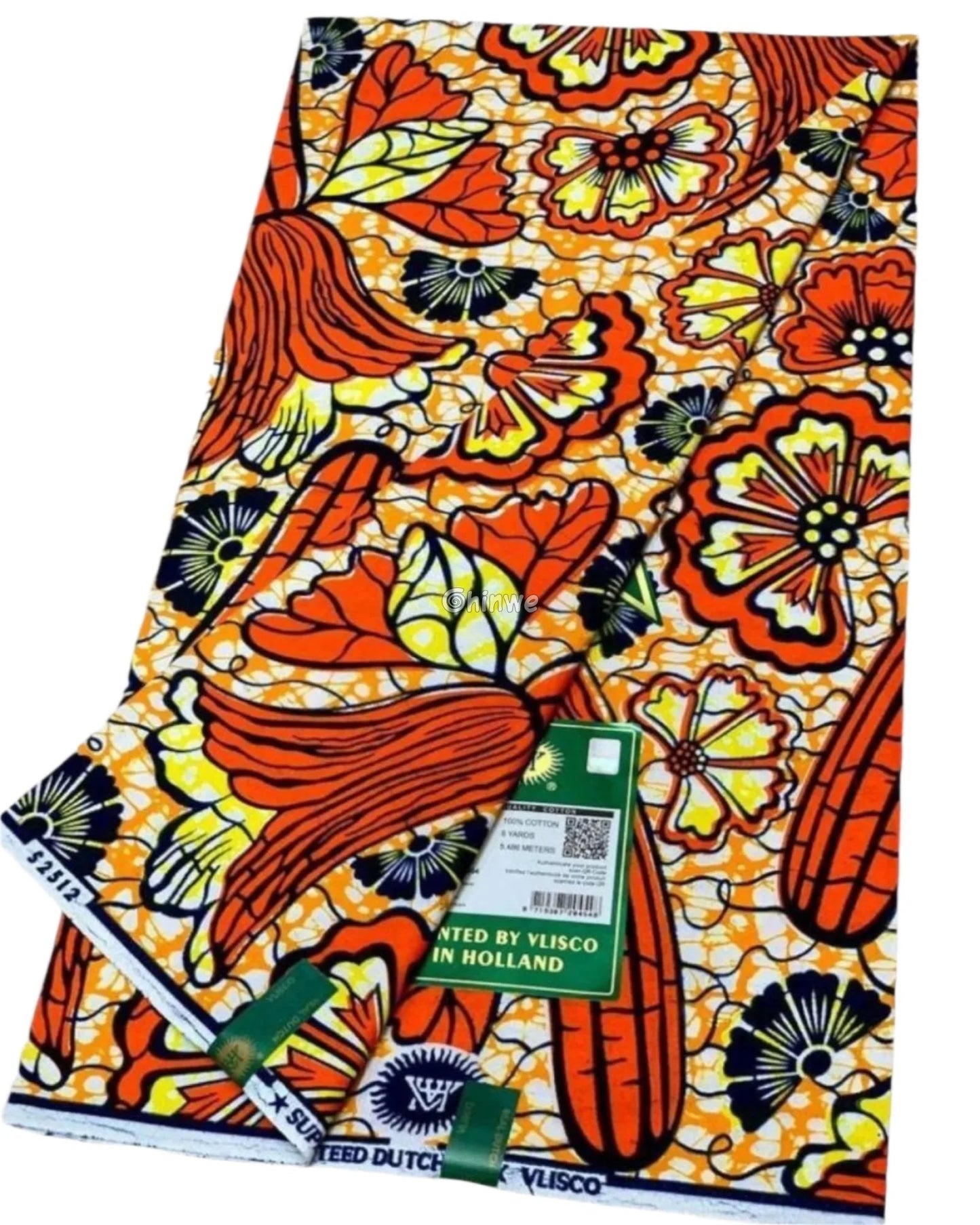 Orange Ankara Fabric with Red Floral and Corn Design