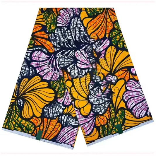Orange Ankara Fabric with Purple and Green Leaf Design