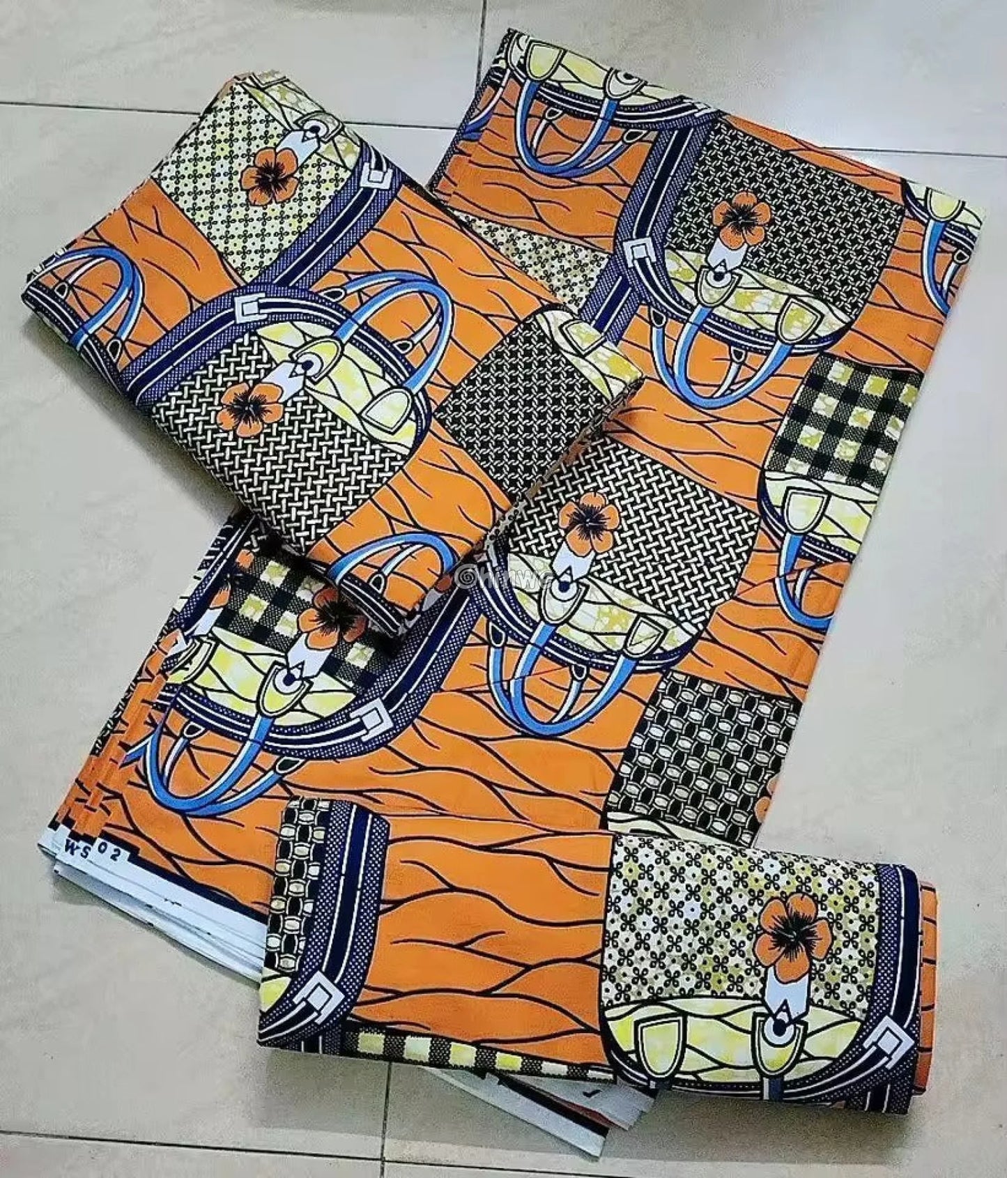 Orange and Black Checkered Ankara Wax Print Fabric with Bag and Flower Design