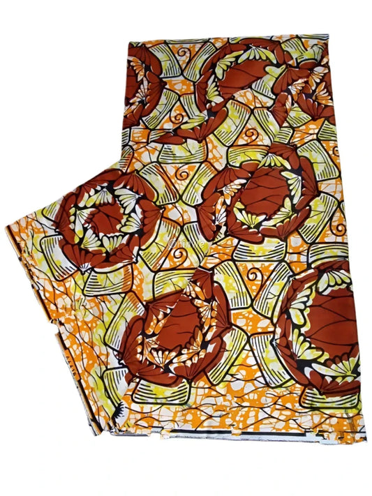 Orange and Brown Floral Ankara Wax Print Fabric with Geometric Design

