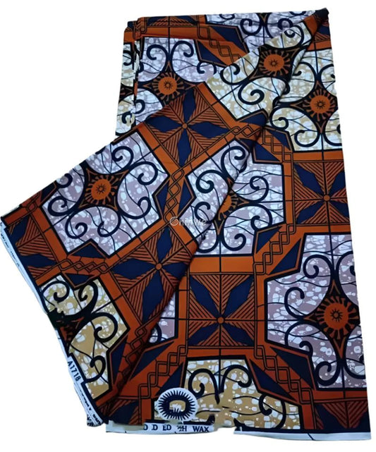 Orange and Navy Blue Geometric Ankara Wax Print Fabric with Ornamental Design