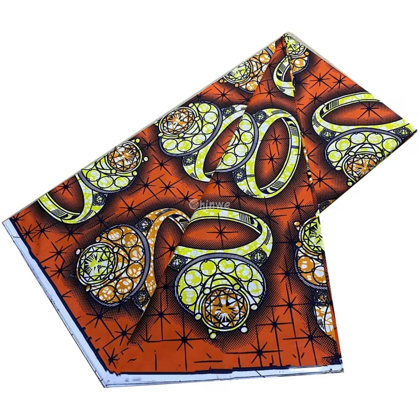Orange and Yellow Rings Ankara Wax Print Fabric with Starry Design