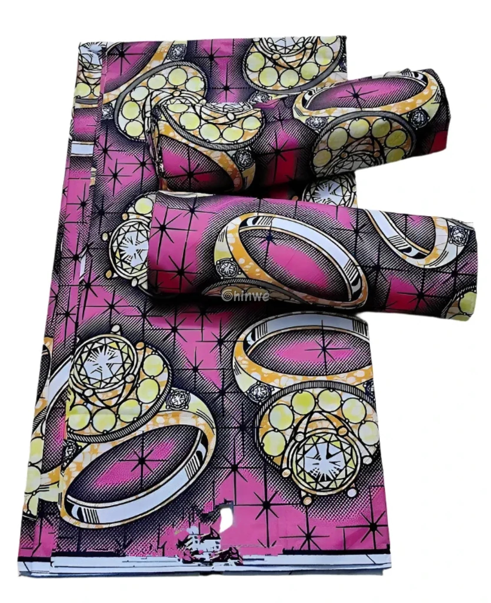 Pink and Yellow Rings Ankara Wax Print Fabric with Starry Pattern