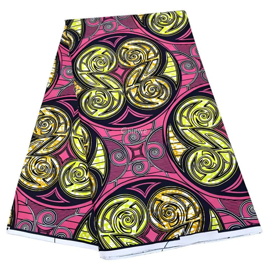 Pink and Yellow Swirl Design Ankara Wax Print Fabric Bold Geometric Patterns