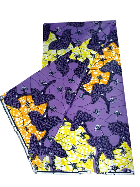 Purple and Yellow Floral Ankara Wax Print Fabric Abstract Leaf Patterns