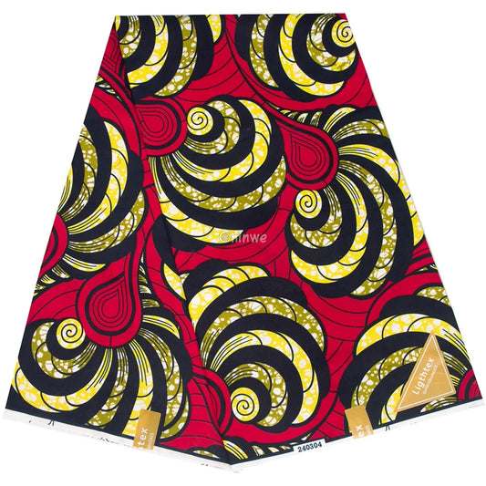 Red Ankara Wax Print Fabric with Spiral Yellow and Black Patterns