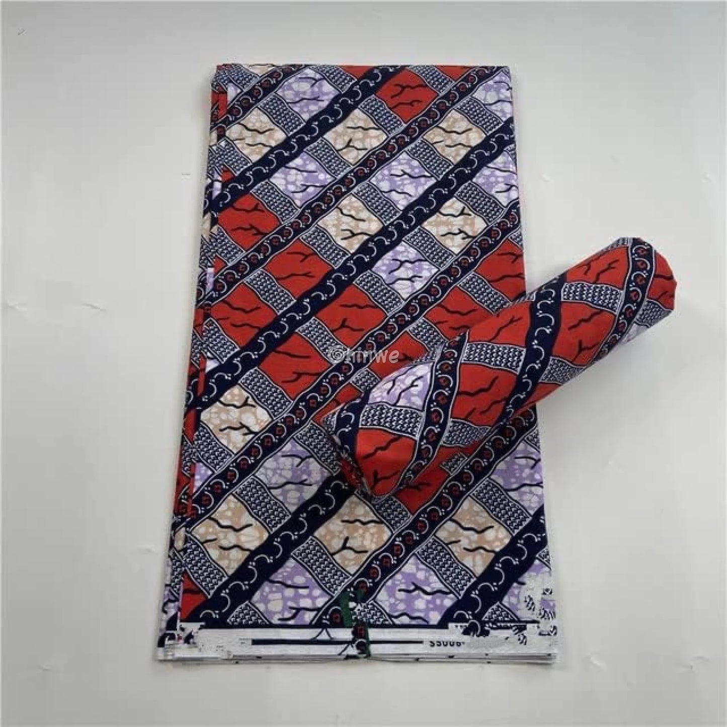 Red and Lavender Striped Ankara Wax Print Fabric with Geometric Design