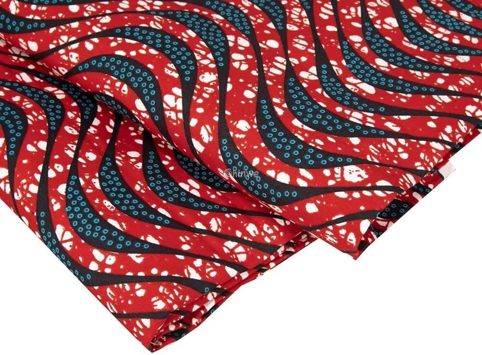 Red and Navy Ankara Wax Print Fabric with Wave Pattern Design