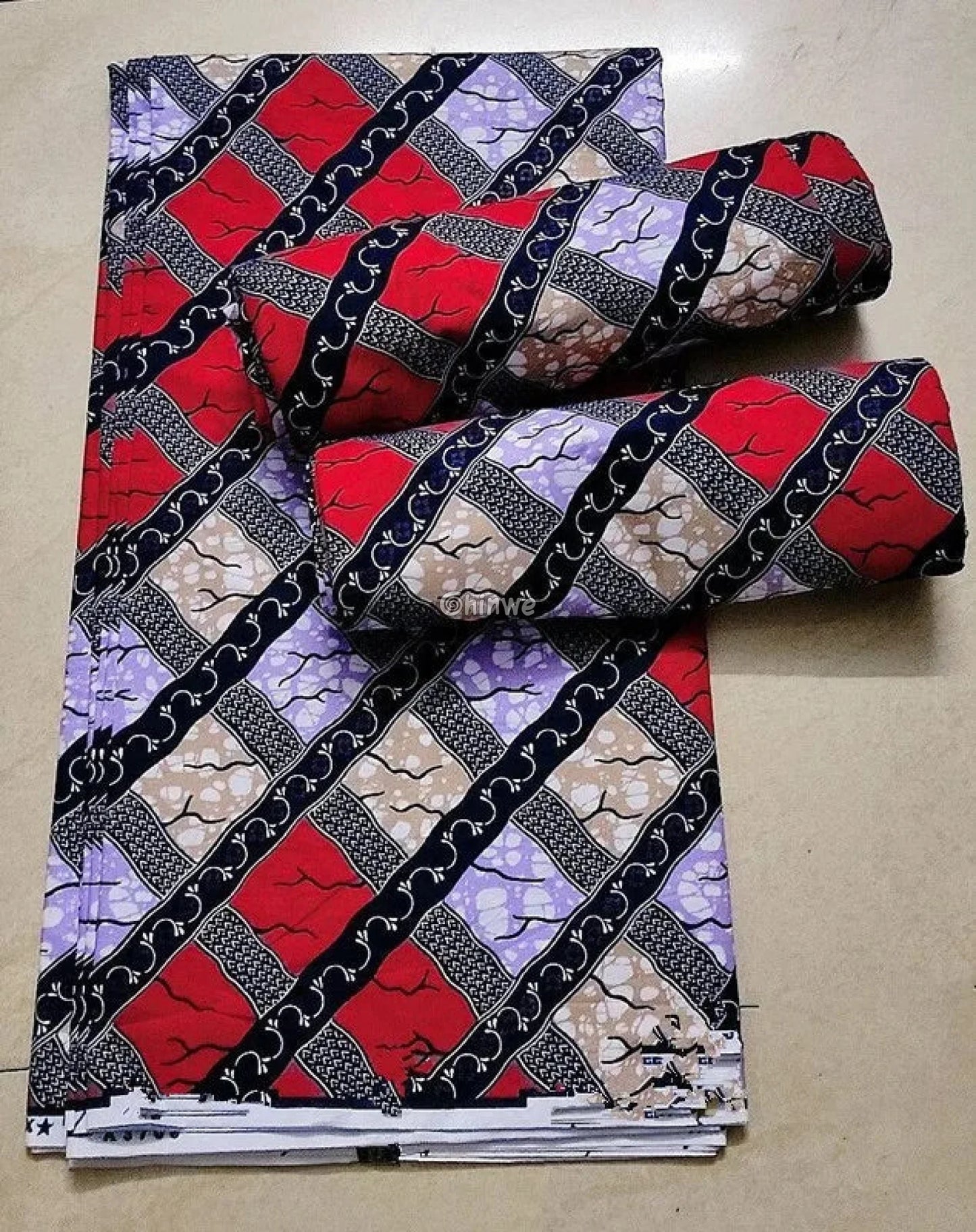 Red and Lavender Striped Ankara Wax Print Fabric with Geometric Design