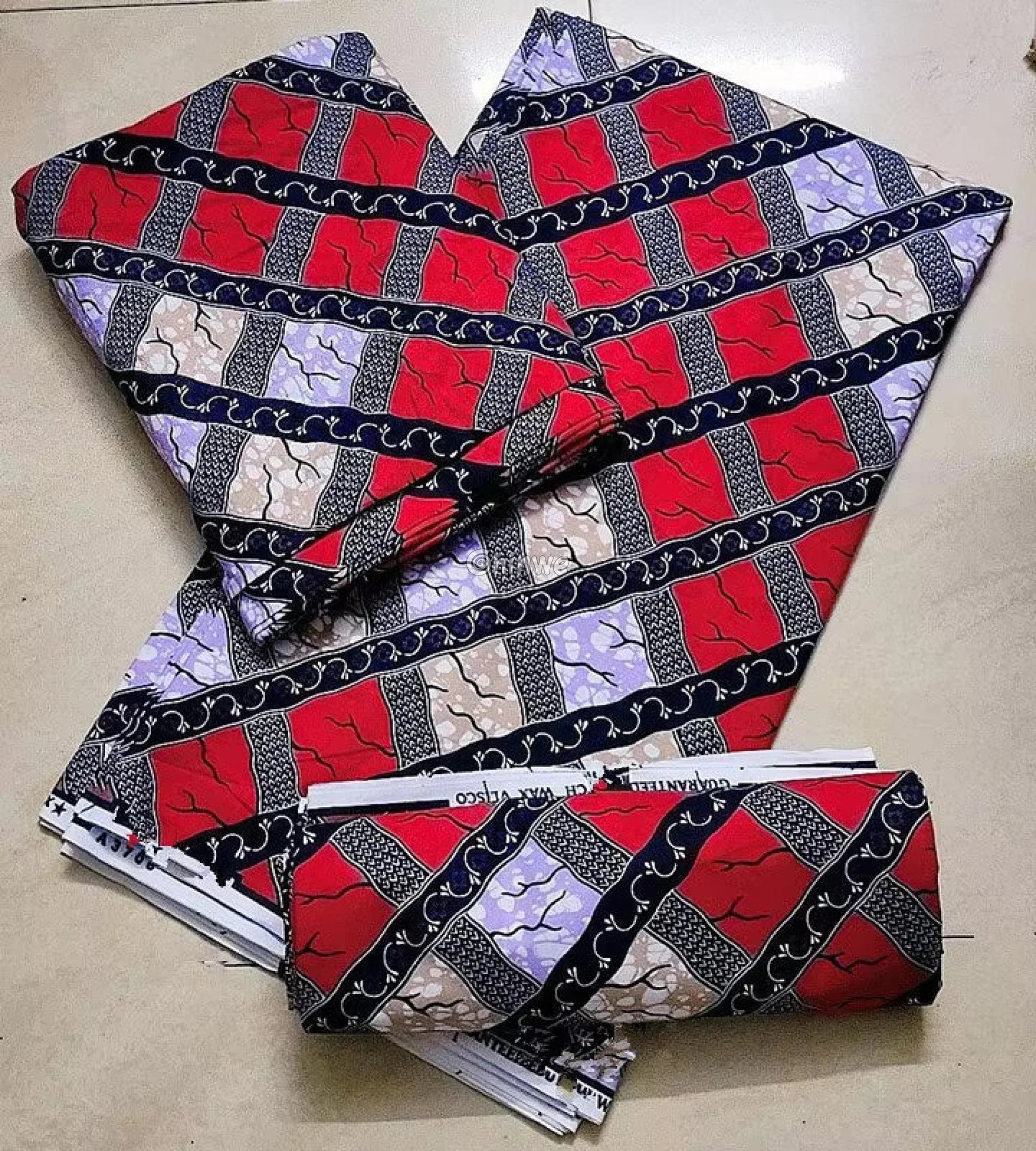 Red and Lavender Striped Ankara Wax Print Fabric with Geometric Design