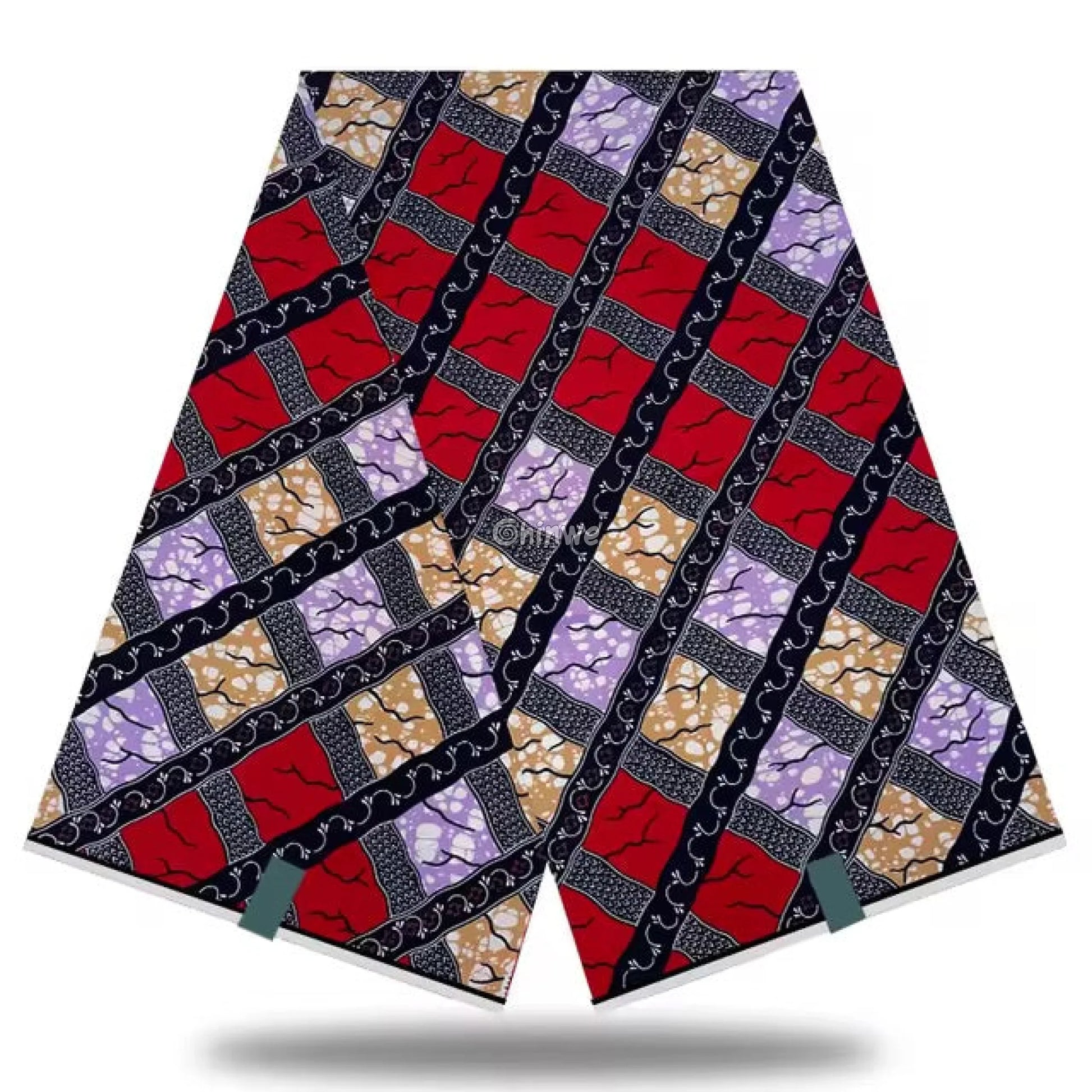 Red and Lavender Striped Ankara Wax Print Fabric with Geometric Design