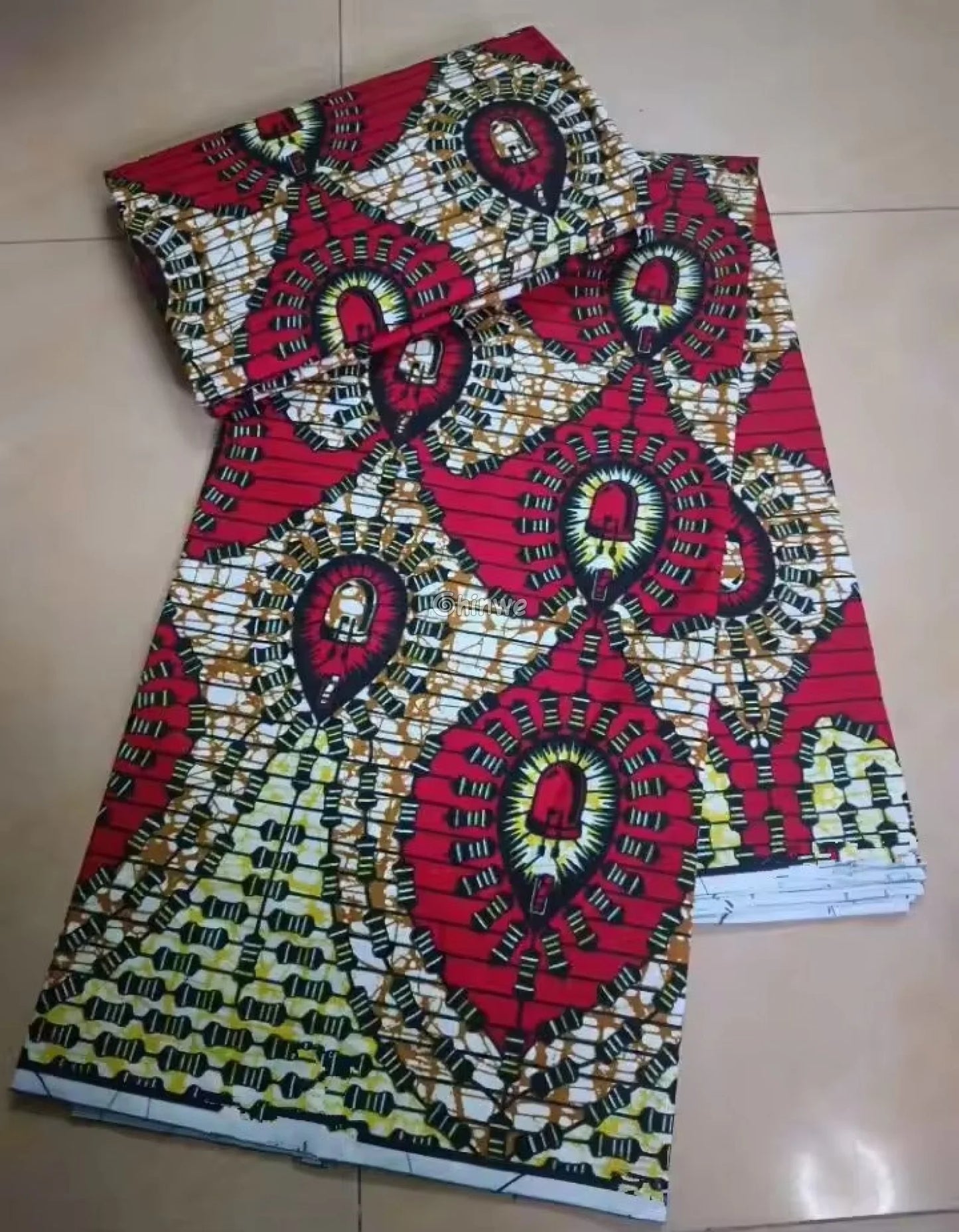 Red and Yellow Abstract Ankara Wax Print Fabric with Eyelet Design