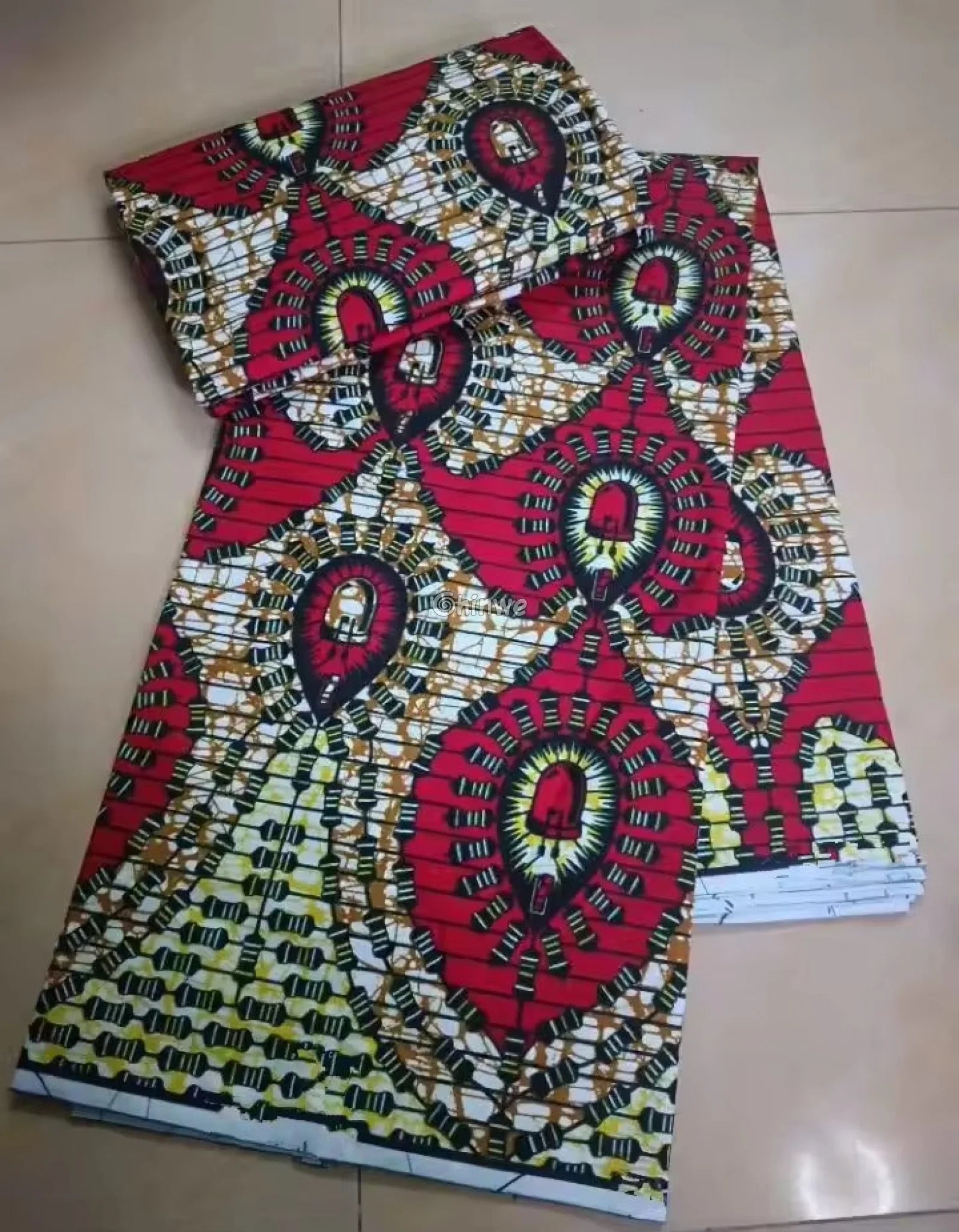Red and Yellow Abstract Ankara Wax Print Fabric with Eyelet Design