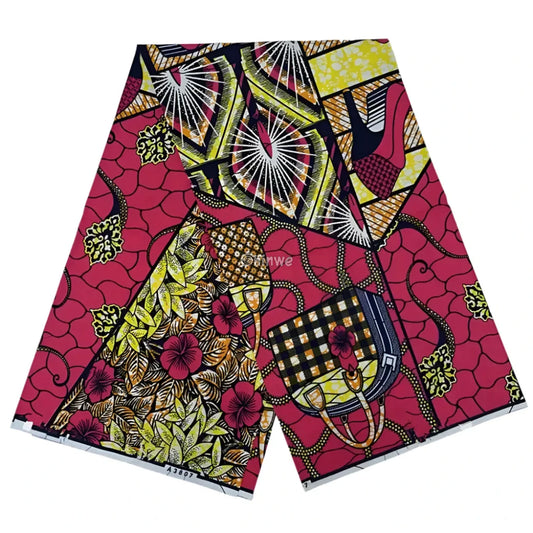 Red and Yellow Abstract Ankara Wax Print Fabric with Floral and Checkered Design

