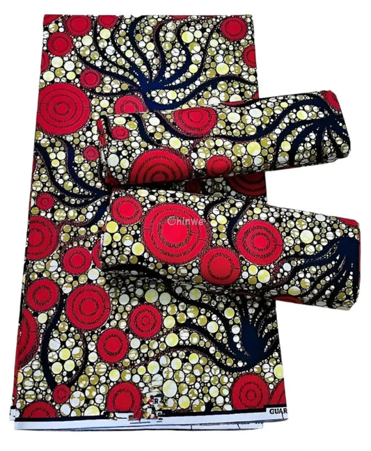 Red and Yellow Circular Ankara Wax Print Fabric with Bold Wave Design