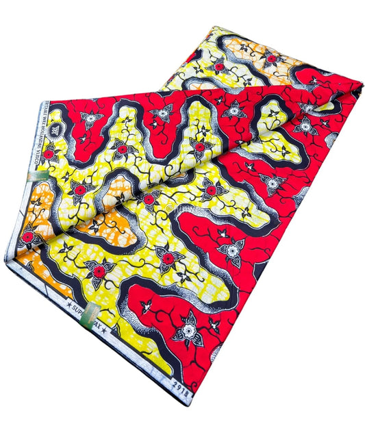 Red and Yellow Floral Ankara Wax Print Fabric with Wave and Star Design