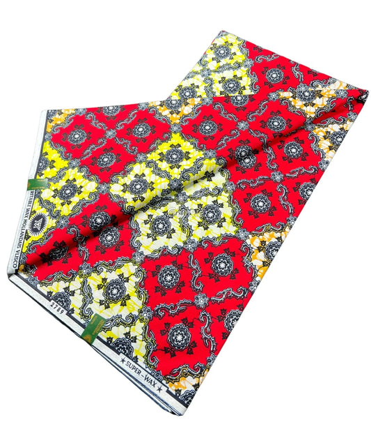 Red and Yellow Geometric Ankara Wax Print Fabric with Ornamental Design