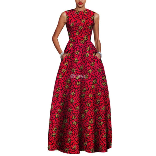 Zara Sleeveless Fit & Flare Ankara Maxi Party Dress - Crimson Floral / Customized - Women’s Clothing