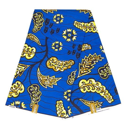 Royal Blue Ankara Wax Print Fabric with Gold Floral Patterns