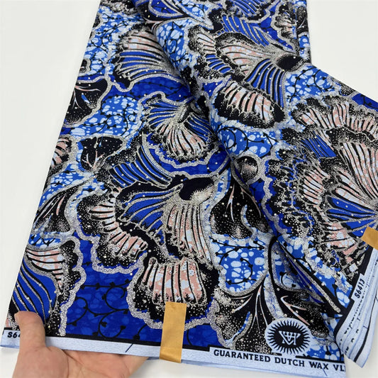 Cobalt & Silver Bloom Stoned Wax Fabric – Grand Super Wax with Rhinestones, 6 Yards