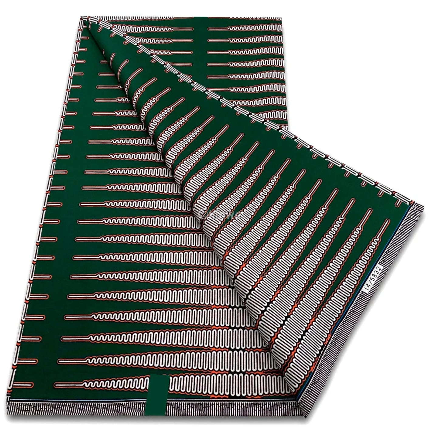 Forest Green Print with Repeating White Zigzag Lines and Linear Red Accents Forest Frequency / 6 yards African Wax