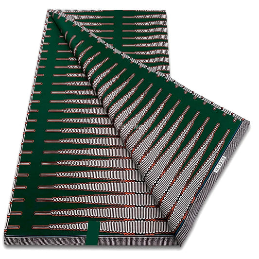 Forest Green Print with Repeating White Zigzag Lines and Linear Red Accents Forest Frequency / 6 yards African Wax