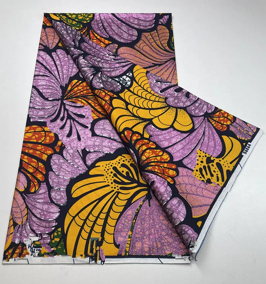 Lilac & Mustard Bloom Gold Powder Wax Print – Big Petal Fans, 100% Cotton, 6 Yards