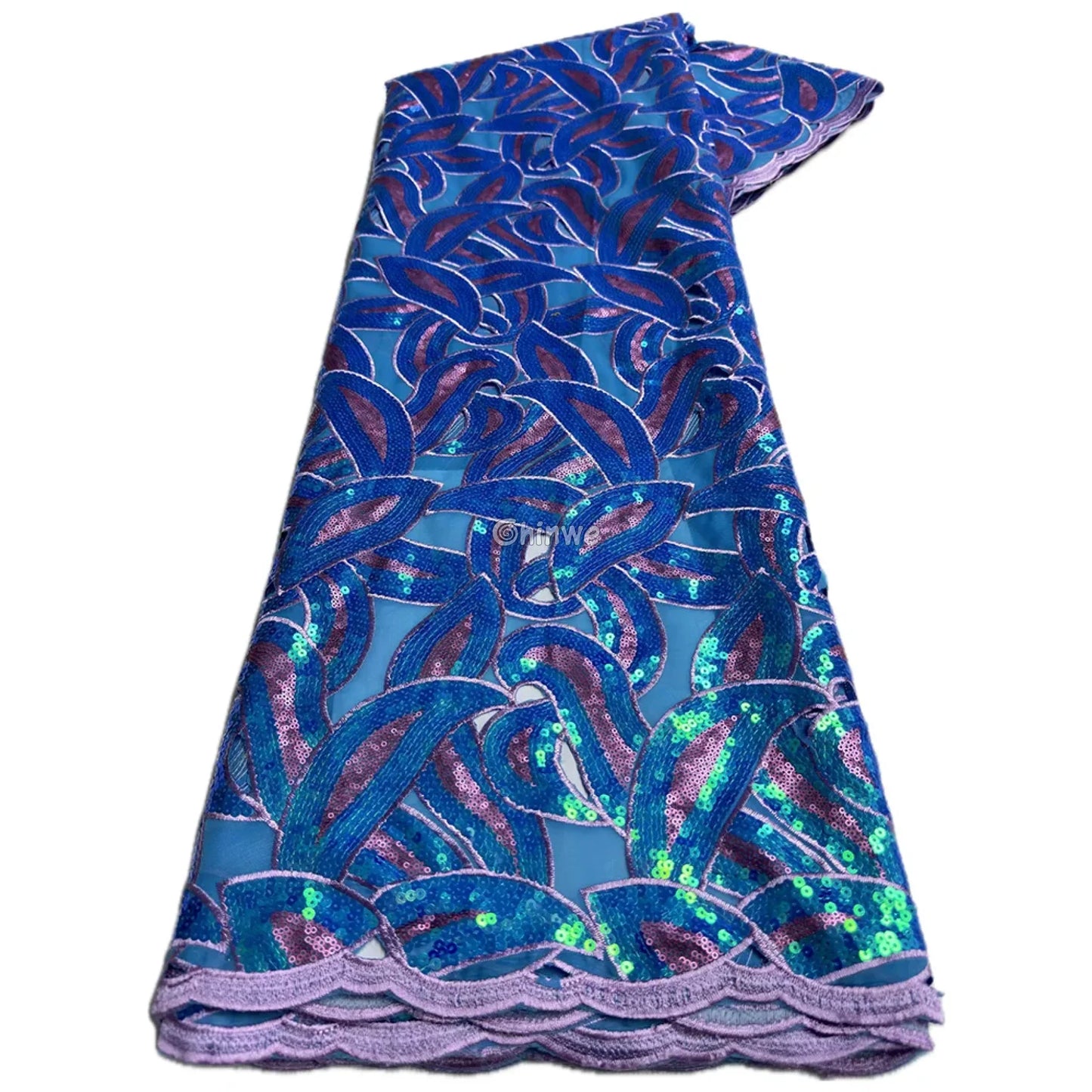 Interlocking Loop Abstract Motif Sequin Lace Print Fabric with Sheer Tulle Base Sapphire Blue & Violet Interlocking