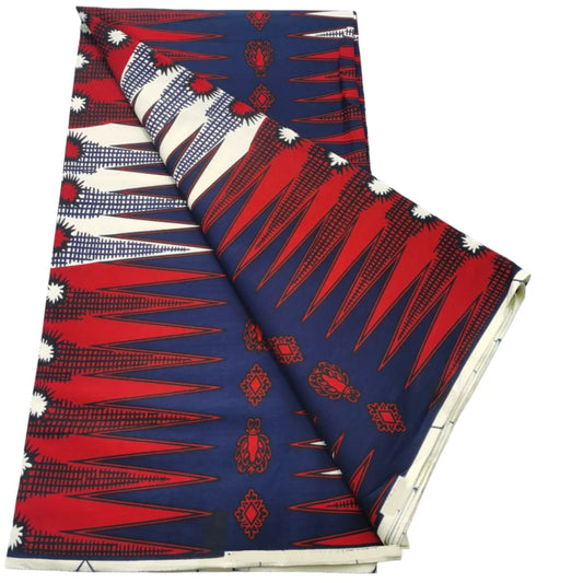 Navy, Red and White Spike Ankara wax print fabric, 6 yards