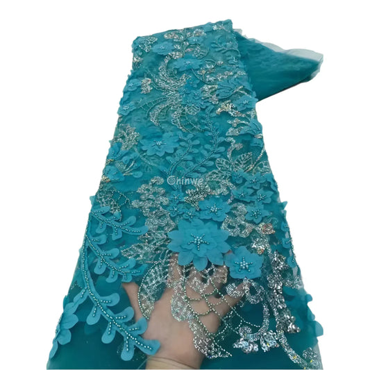 3D Petal & Beaded Floral Mesh Lace with Scattered Sequins – Luxury Bridal & Evening Fabric Teal Enchantment Lace / 1